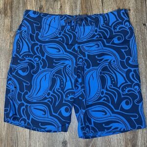 Eddie Bauer Swim Trunks XL Blue Tribal Tiki Print Board Shorts Mesh Lined Nylon